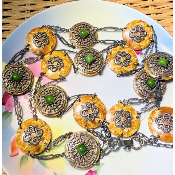 Antique 30's Celloid Circles Green Glass Silverplate women's Link Belt/Necklace - Picture 1 of 16